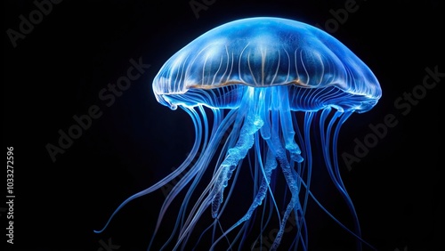 Blue iridescent jellyfish swimming in the sea with leading lines on a black background.