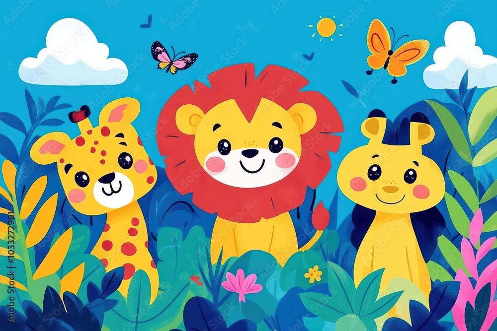 Naklejka premium A cartoon of three animals, a giraffe, a lion, and a bear