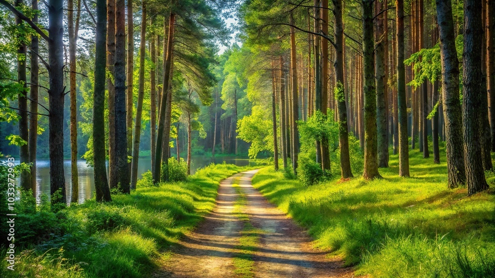 Obraz premium Path in a lush summer forest by Masurian lakes