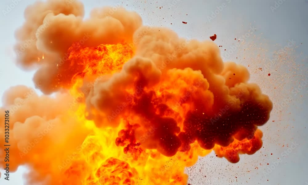A vibrant explosion of orange and red smoke with debris, conveying energy and intensity. A vibrant explosion of orange and red smoke with debris, conveying energy and intensity.