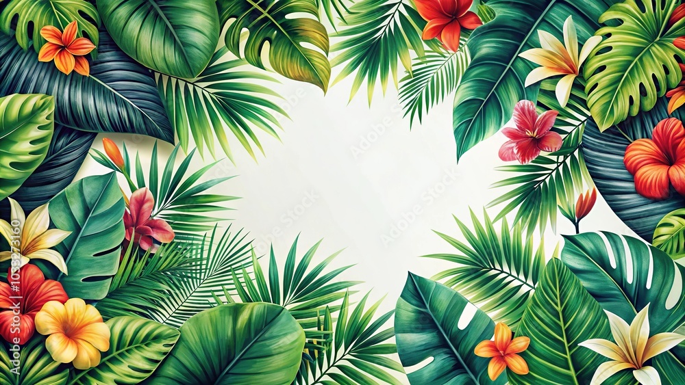Pattern of medium complexity tropical leaves and flowers in point of view Pattern of medium complexity tropical leaves and flowers in point of view