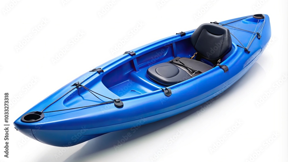 Blue kayak with seat and storage hatch on white background, medium shot Blue kayak with seat and storage hatch on white background, medium shot