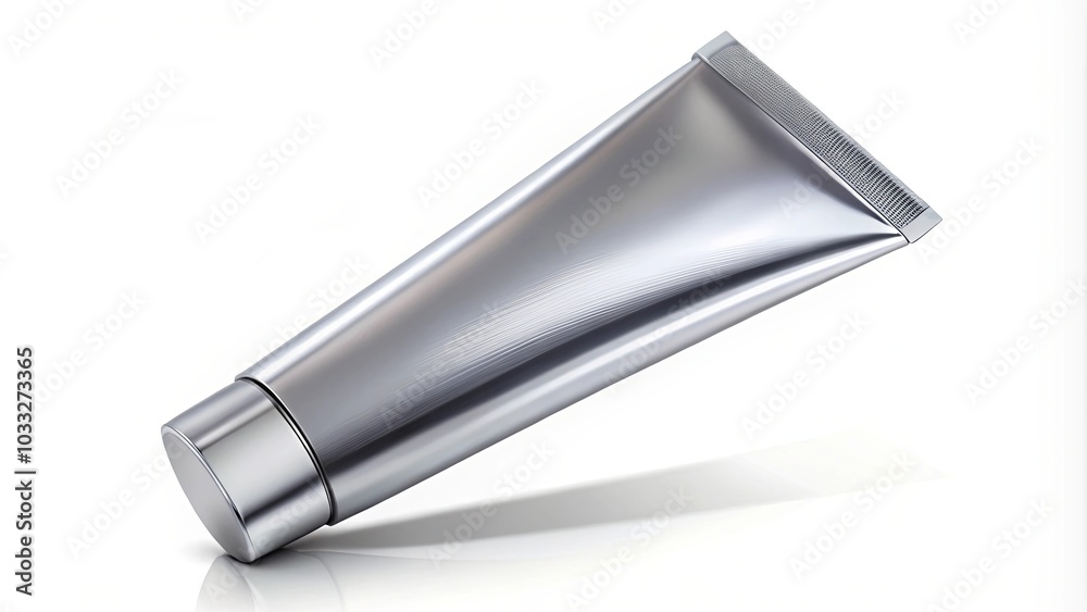 A sleek, metallic tube resting on a white surface, showcasing a minimalist aesthetic and highlighting its potential for product branding. A sleek, metallic tube resting on a white surface, showcasing a minimalist aesthetic and highlighting its potential for product branding.