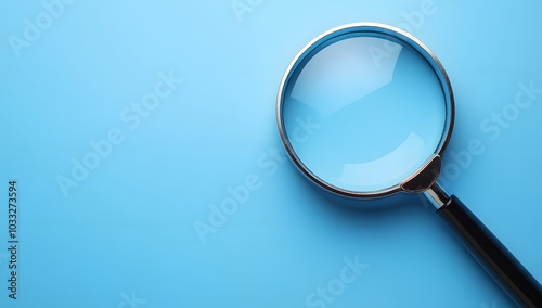 Magnifying glass on a blue background, symbolizing search and discovery with copy space. Web banner 