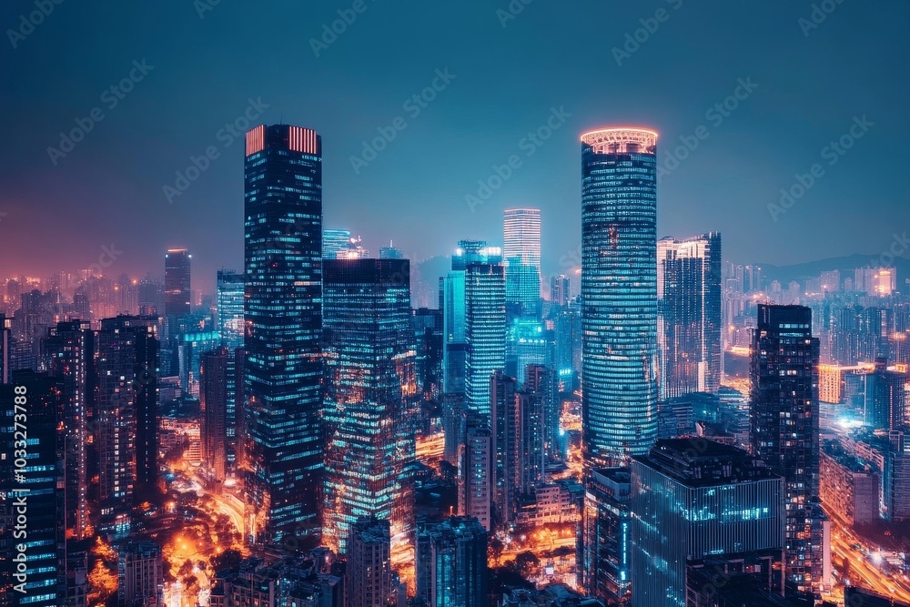 A panoramic view of a city skyline at night with skyscrapers lit up. A panoramic view of a city skyline at night with skyscrapers lit up.
