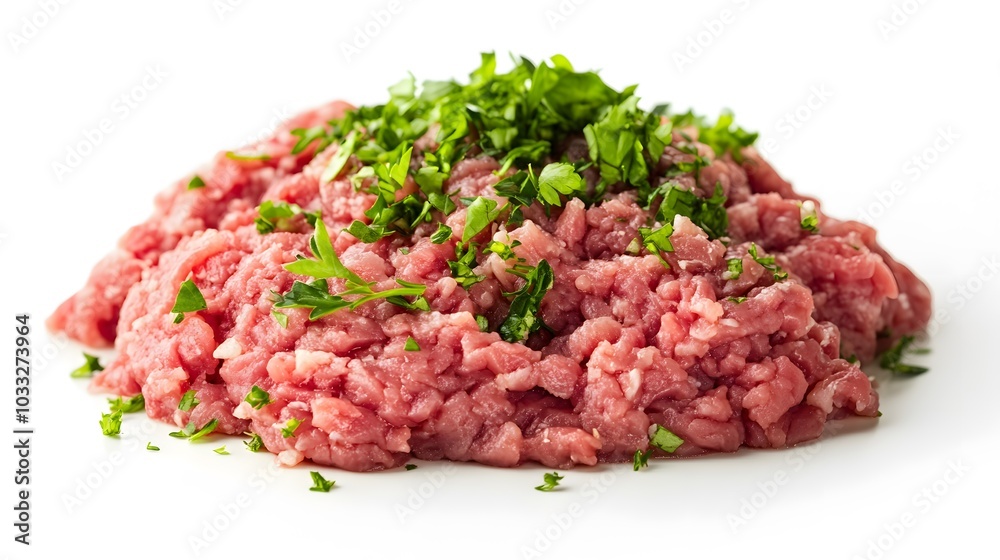 raw minced beef with herb isolated on white background. 
