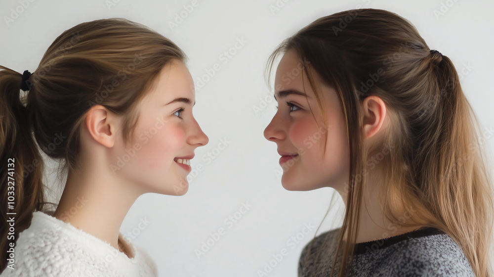Two girls looking at each other, smiling, in side view, white background. Two girls looking at each other, smiling, in side view, white background.