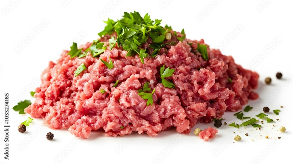 raw minced beef with herb isolated on white background. raw minced beef with herb isolated on white background.