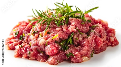 raw minced beef with herb isolated on white background. 