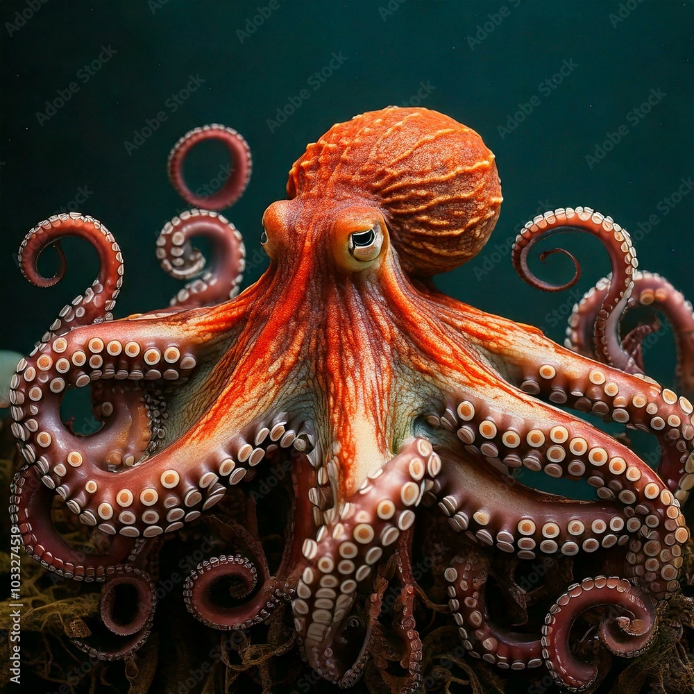 A large octopus captured up close underwater, showcasing its intricate textures and vibrant colors in a stunning marine environment