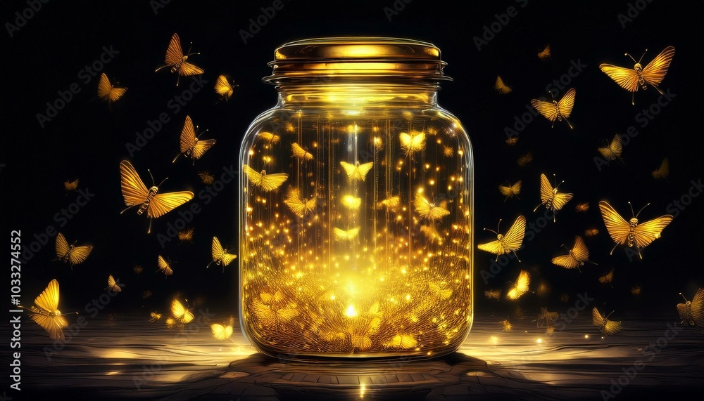 A glass jar filled with glowing fireflies, emanating a soft golden light that creates a magical and enchanting atmosphere A glass jar filled with glowing fireflies, emanating a soft golden light that creates a magical and enchanting atmosphere