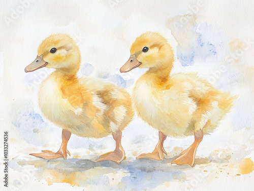 A pair of ducklings waddling side by side, painted in watercolor with shades of yellow and soft orange The fuzzy texture photo