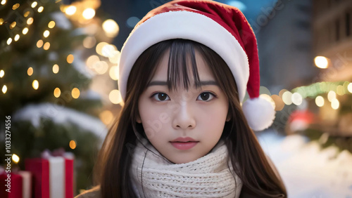 雪景色のなかサンタ帽をかぶってカメラを見るアジア人女性