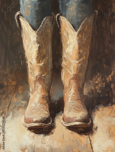 A pair of legs in cowboy boots, standing on a dusty wooden floor The oil painting captures the worn, rugged texture of the boots