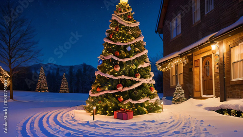 夜空に映える大きなクリスマスツリーとライトアップされた家