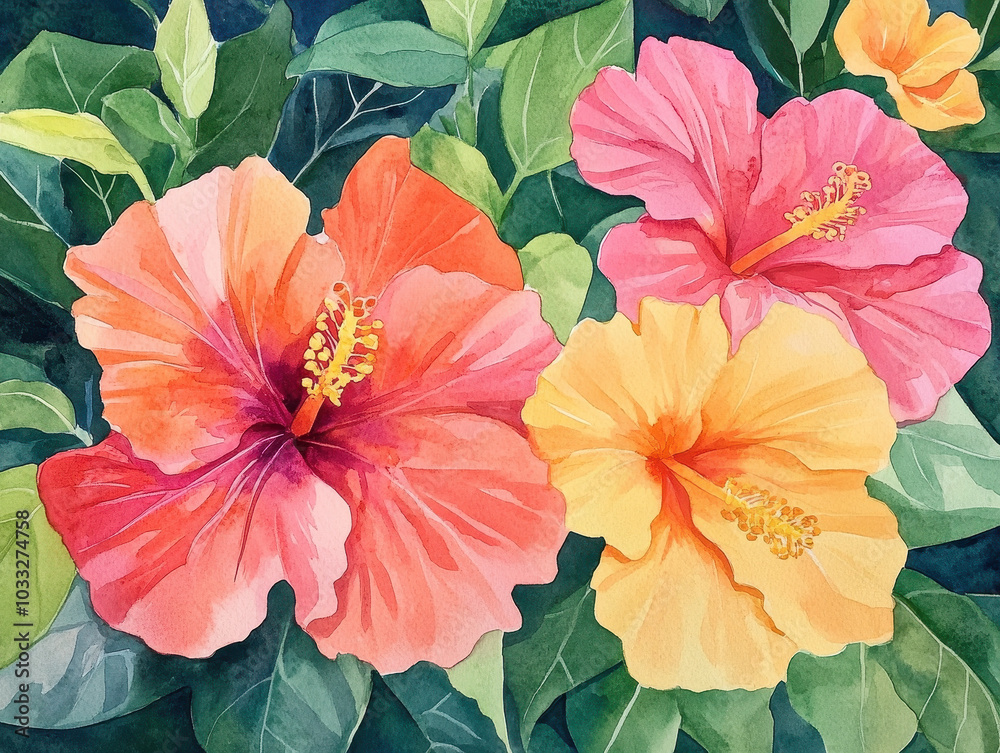 custom made wallpaper toronto digitalA vibrant watercolor of hibiscus and bougainvillea in shades of coral, orange, and hot pink The tropical feel is enhanced by lush green leaves