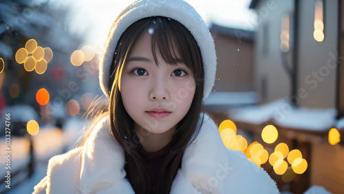 雪景色のなかサンタ帽をかぶってカメラを見るアジア人女性