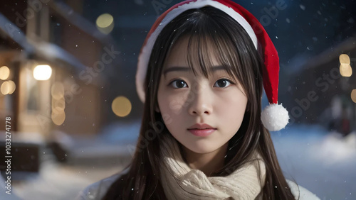雪景色のなかサンタ帽をかぶってカメラを見るアジア人女性