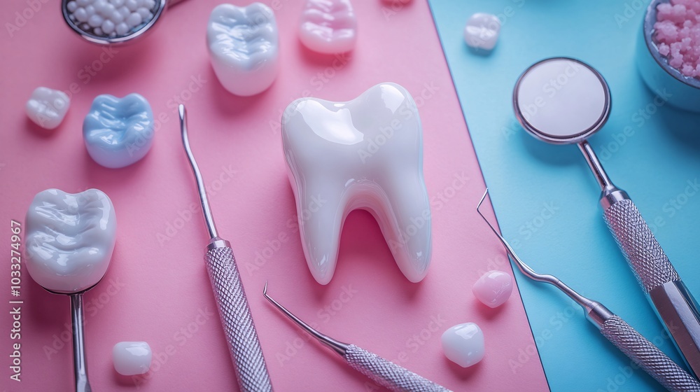 White teeth model a pink and blue split background surrounded by dental tools Clean and professional layout emphasizing dental care Space for text in the middle for a banner or ad White teeth model a pink and blue split background surrounded by dental tools Clean and professional layout emphasizing dental care Space for text in the middle for a banner or ad