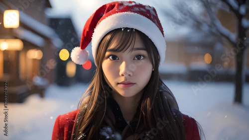 雪景色のなかサンタ帽をかぶってカメラを見るアジア人女性