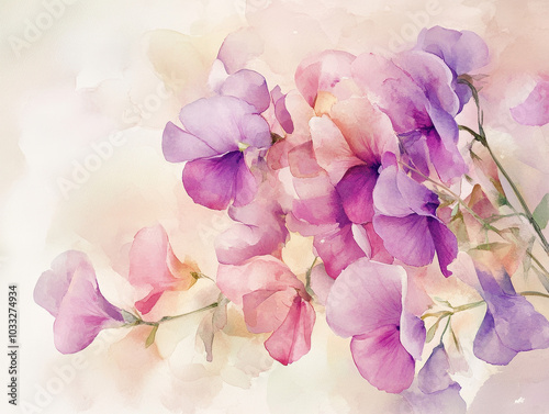 A watercolor bouquet of sweet peas, painted in shades of pink, lavender, and white The soft, translucent petals blend seamlessly into the pale background
