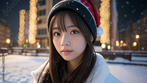 雪景色のなかサンタ帽をかぶってカメラを見るアジア人女性