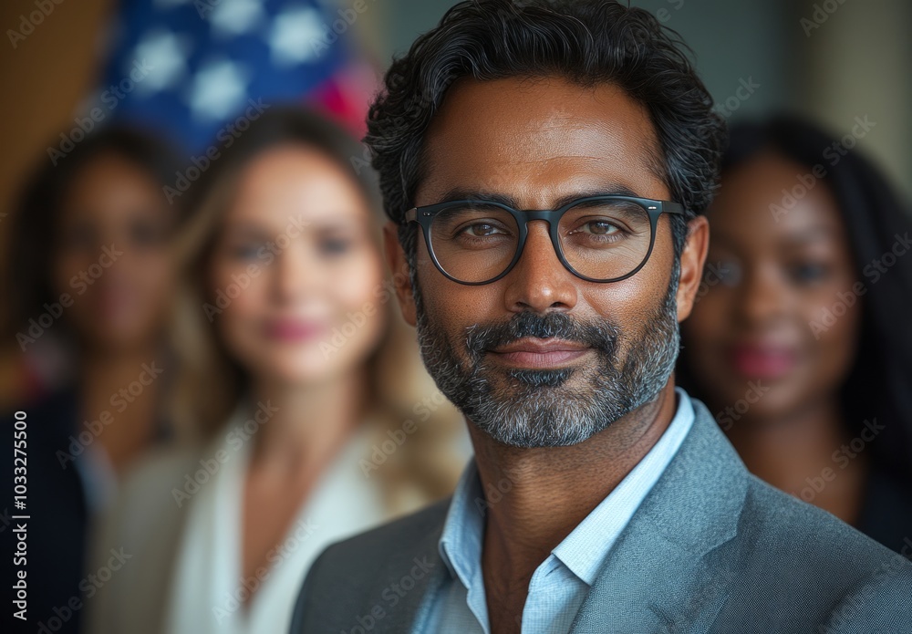 Confident Leader: A Man in Glasses Standing Proudly in a Professional Setting Confident Leader: A Man in Glasses Standing Proudly in a Professional Setting