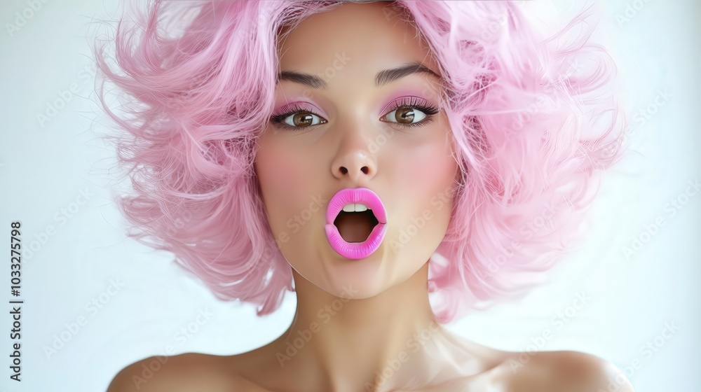 Woman with Pink Hair and Bold Makeup Surprised Expression Pop Art Style Woman with Pink Hair and Bold Makeup Surprised Expression Pop Art Style