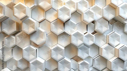 Geometric abstract background with hexagonal mosaic in various shades of white, from light to dark, gradient effect. The hexagons are arranged symmetrically, with clear edges