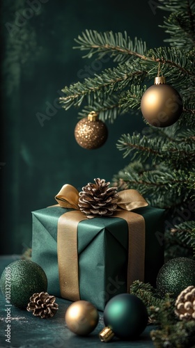 A beautifully wrapped gift beneath a festive Christmas tree.