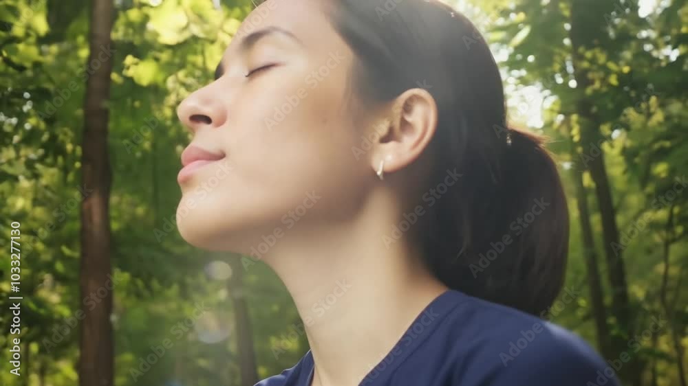 Forest Meditation. A person meditates in a serene forest clearing, surrounded by nature. Sunlight filters through trees, creating a peaceful ambiance. Ideal for nature and wellness content. Generative