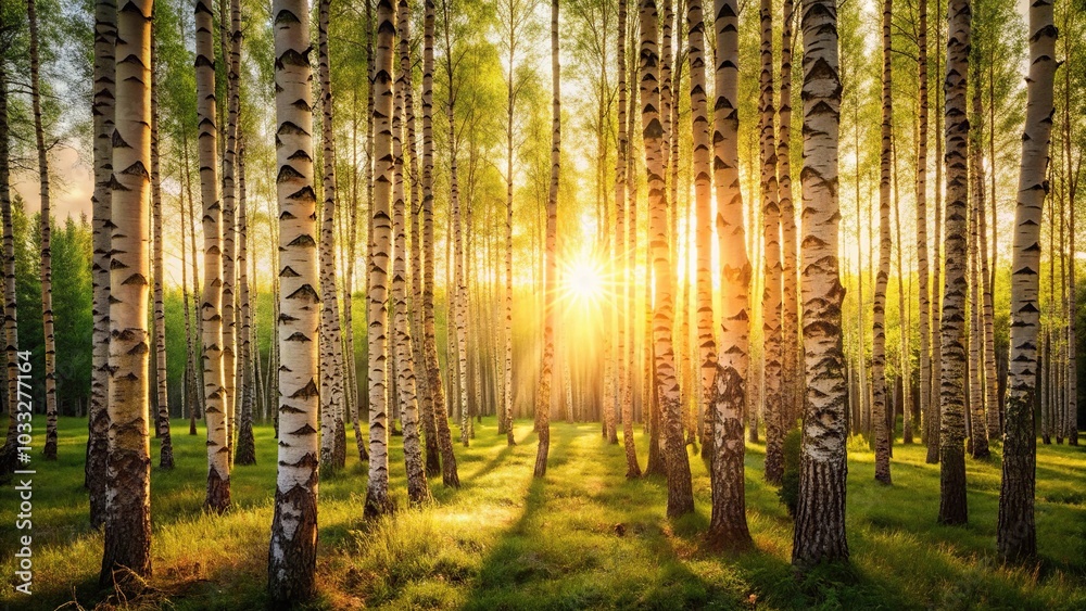 Fototapeta premium Peaceful birch forest with sunlight filtering through