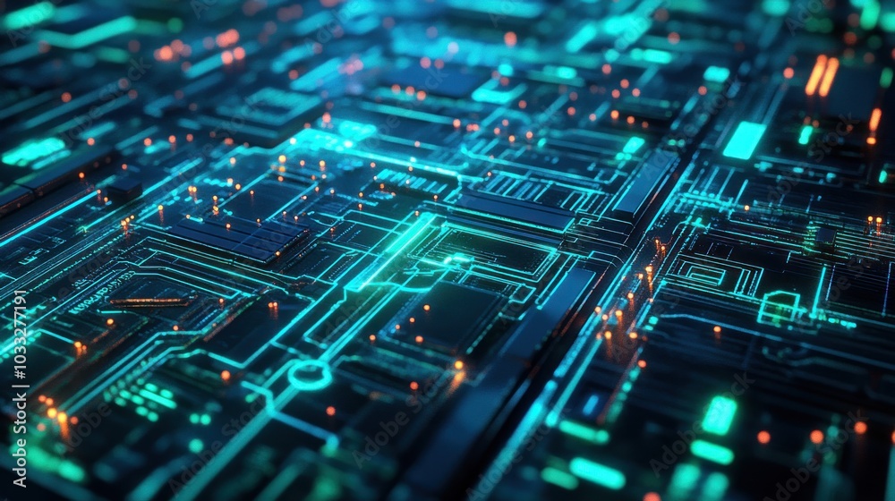 Close-up of a futuristic circuit board with glowing blue and orange lines. Close-up of a futuristic circuit board with glowing blue and orange lines.