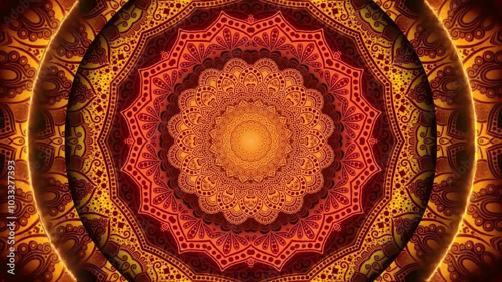 Intricate gold and red mandala pattern with a glowing center.