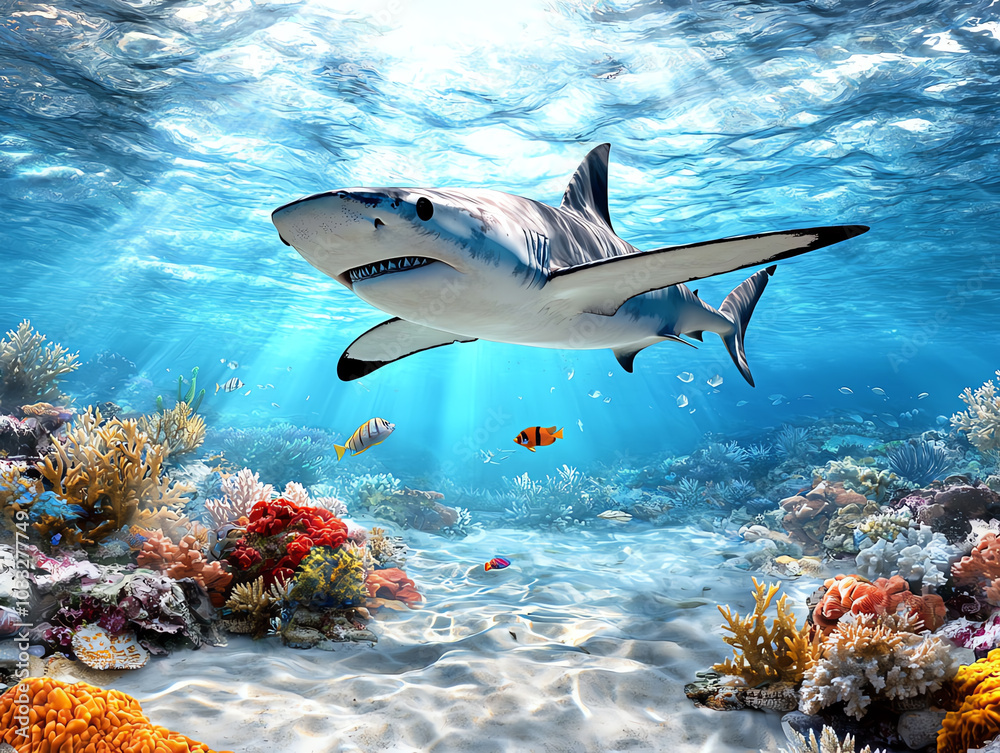 Fototapeta premium A powerful shark swimming gracefully through vibrant coral reefs underwater.