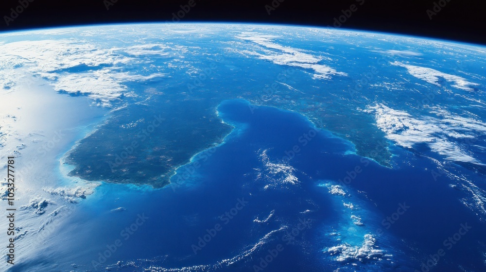 A stunning view of Earth from space, showcasing a coastline surrounded by clouds and blue ocean. A stunning view of Earth from space, showcasing a coastline surrounded by clouds and blue ocean.