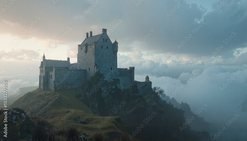 Fototapeta premium Stone scottish castle on a misty hilltop at sunrise.