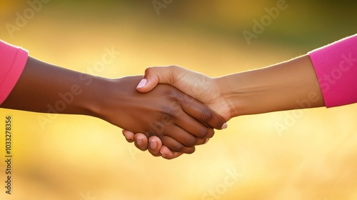 Two hands, one black and one white, shaking hands against a soft yellow and pink background.