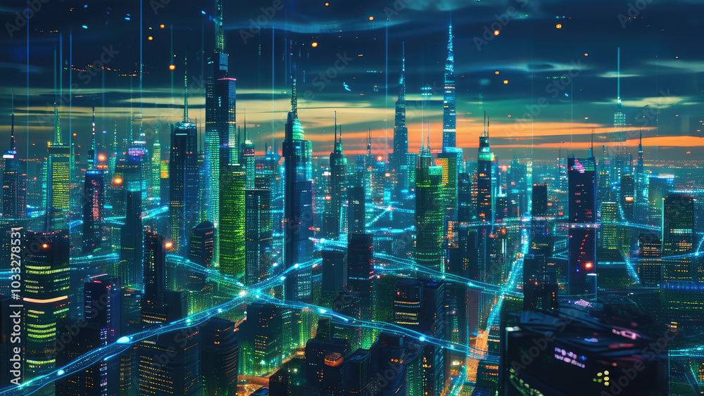 Fototapeta premium Cybernetic Skyline of Tomorrow: A Futuristic Tech-Integrated City
