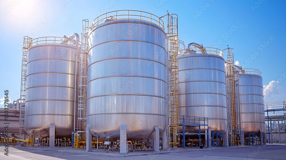 Industrial storage tanks under blue sky a modern infrastructure for liquid management and processing facilities Industrial storage tanks under blue sky a modern infrastructure for liquid management and processing facilities