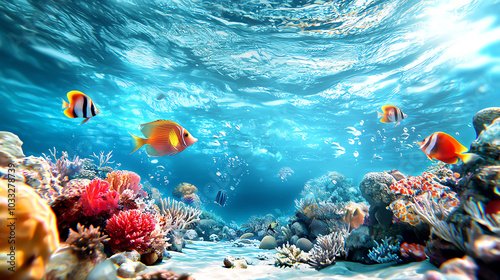 Vibrant underwater scene featuring colorful coral reefs and fish in clear blue water. photo