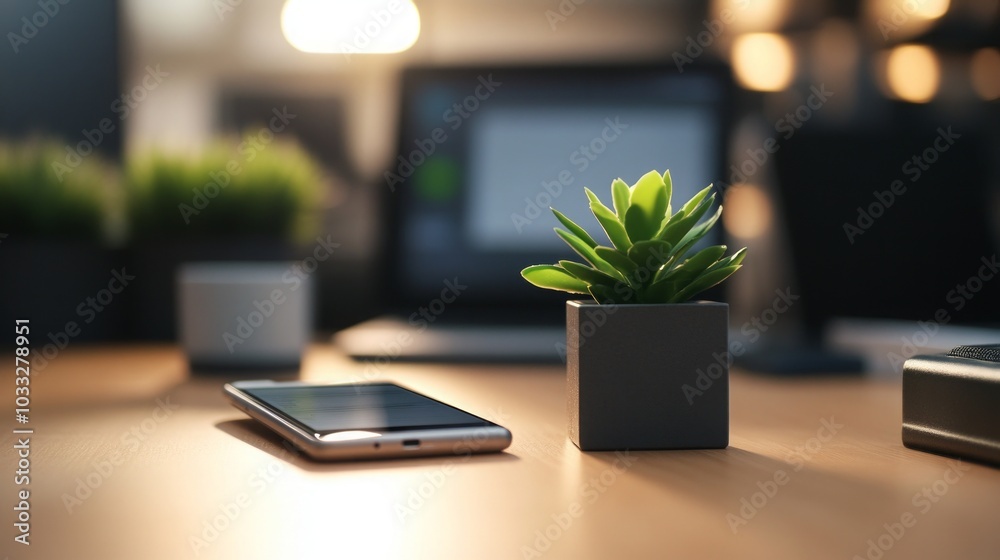 Minimalist Workspace with Plant and Smartphone Minimalist Workspace with Plant and Smartphone