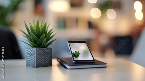 Minimalist Workspace with Phone and Plant