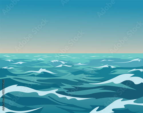 Seascape with sea waves and blue sky Vector illustration.
