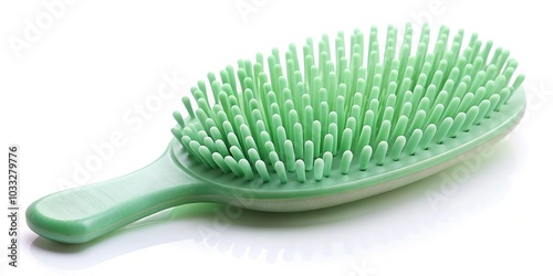 Pastel green hairbrush radiating freshness and vibrancy on clear white background