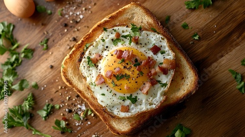 Wallpaper Mural A hearty bacon egg sandwich on golden toast, garnished with fresh herbs and pepper, wooden table backdrop, morning brunch scene, top-down view Torontodigital.ca