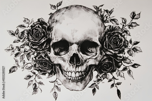 Skull with black roses art pattern drawing