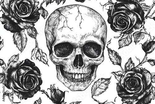 Skull with black roses art pattern drawing