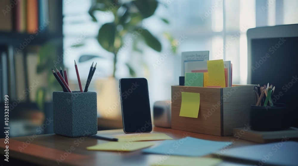 Naklejka premium Modern Office Desk Setup with Supplies and Organization