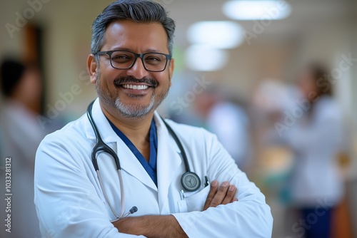 Happy Indian doctor smiling confidently with arms crossed in hospital setting.